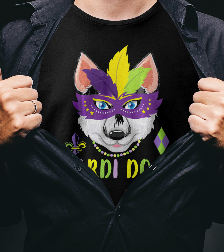 Mardi Dogs Siberian Husky Mask Beads Fleur-de-Lis T-Shirt