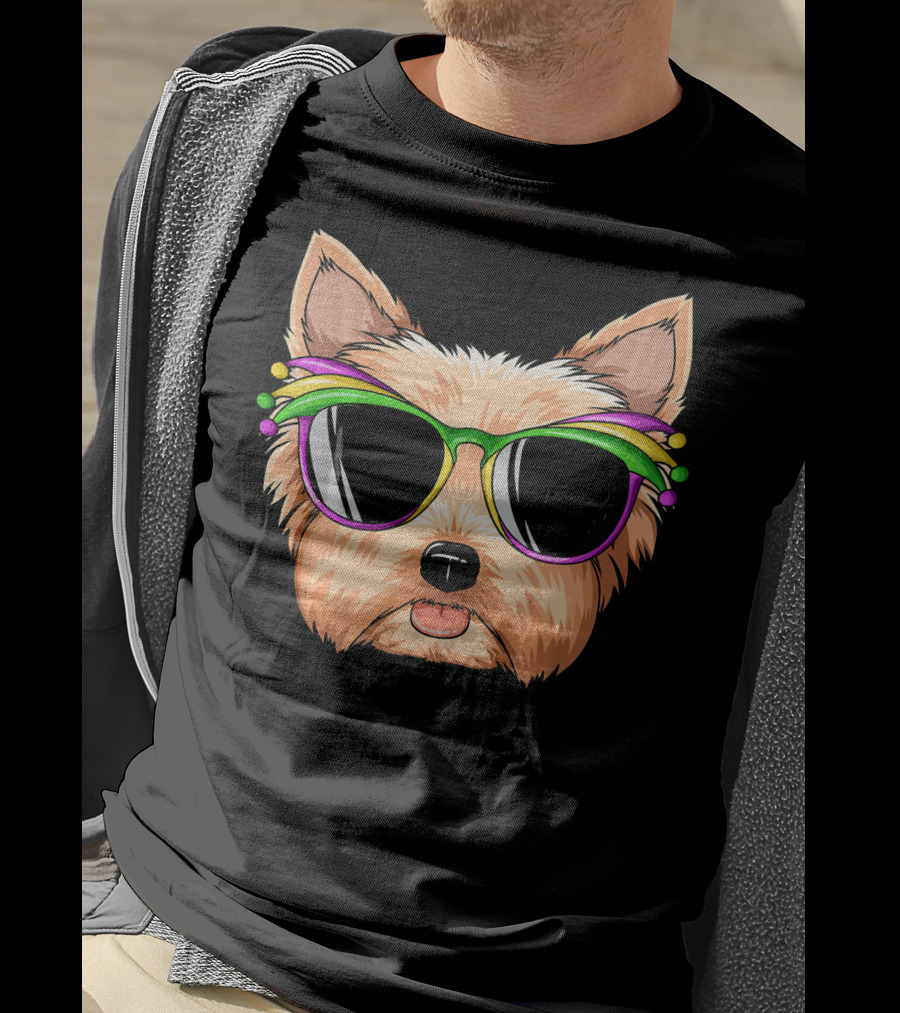 Yorkshire Terrier Mardi Gras Colorful Sunglasses Mask Yorks T-Shirt