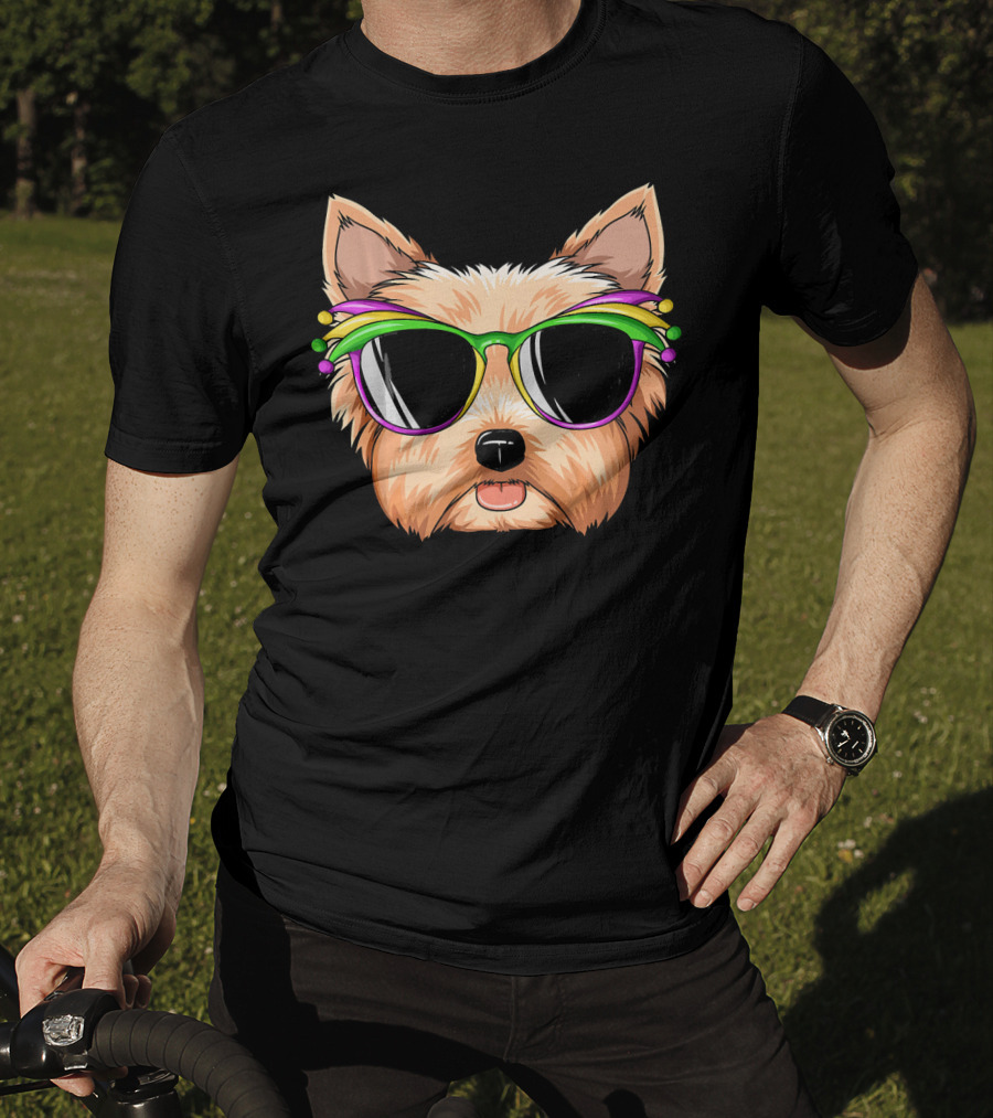 Yorkshire Terrier Mardi Gras Colorful Sunglasses Mask Yorks T-Shirt