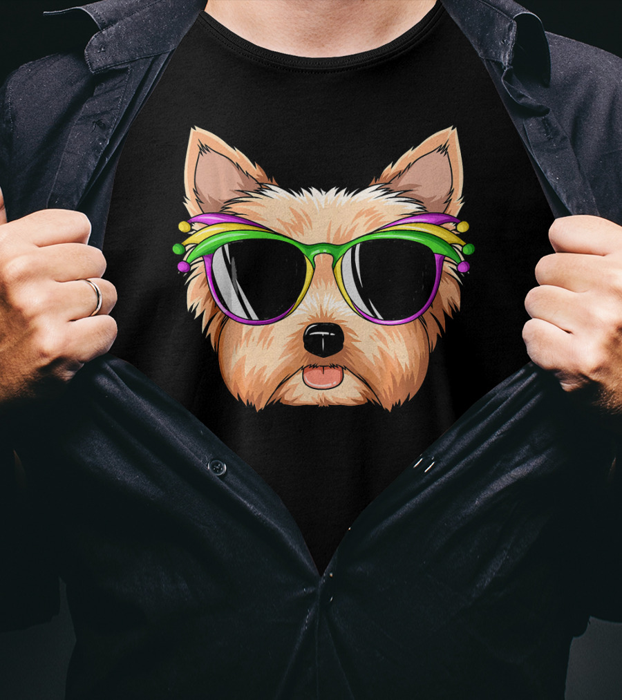 Yorkshire Terrier Mardi Gras Colorful Sunglasses Mask Yorks T-Shirt