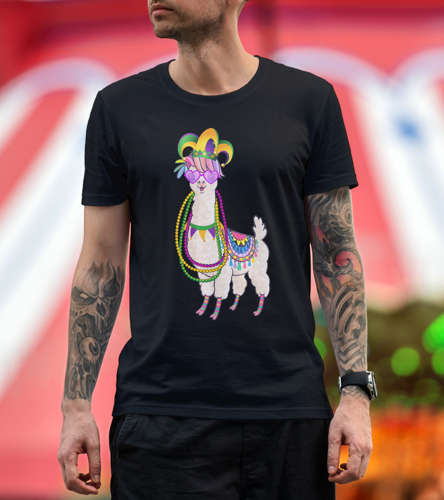 Mardi Gras Beads Masked Llama with Jester Hat T-Shirt