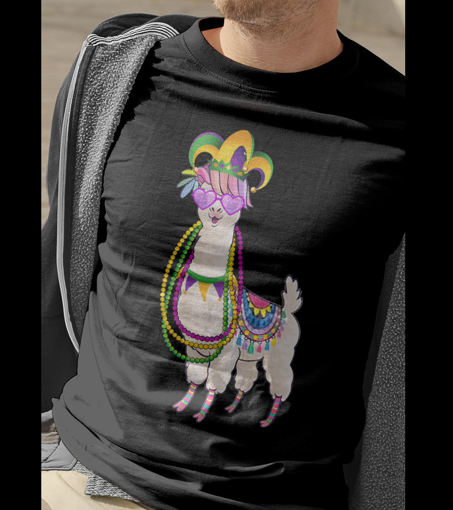 Mardi Gras Beads Masked Llama With Jester Hat T-Shirt