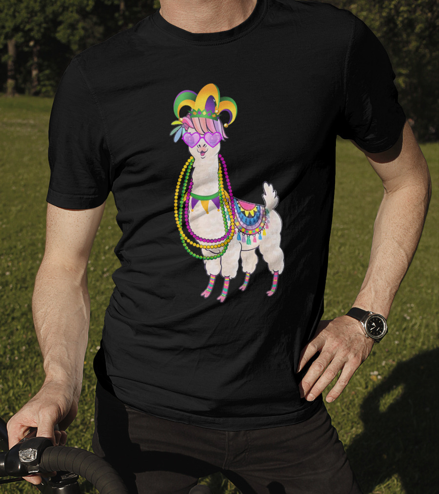 Mardi Gras Beads Masked Llama With Jester Hat T-Shirt
