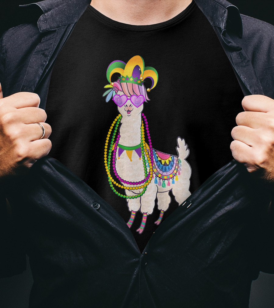 Mardi Gras Beads Masked Llama With Jester Hat T-Shirt