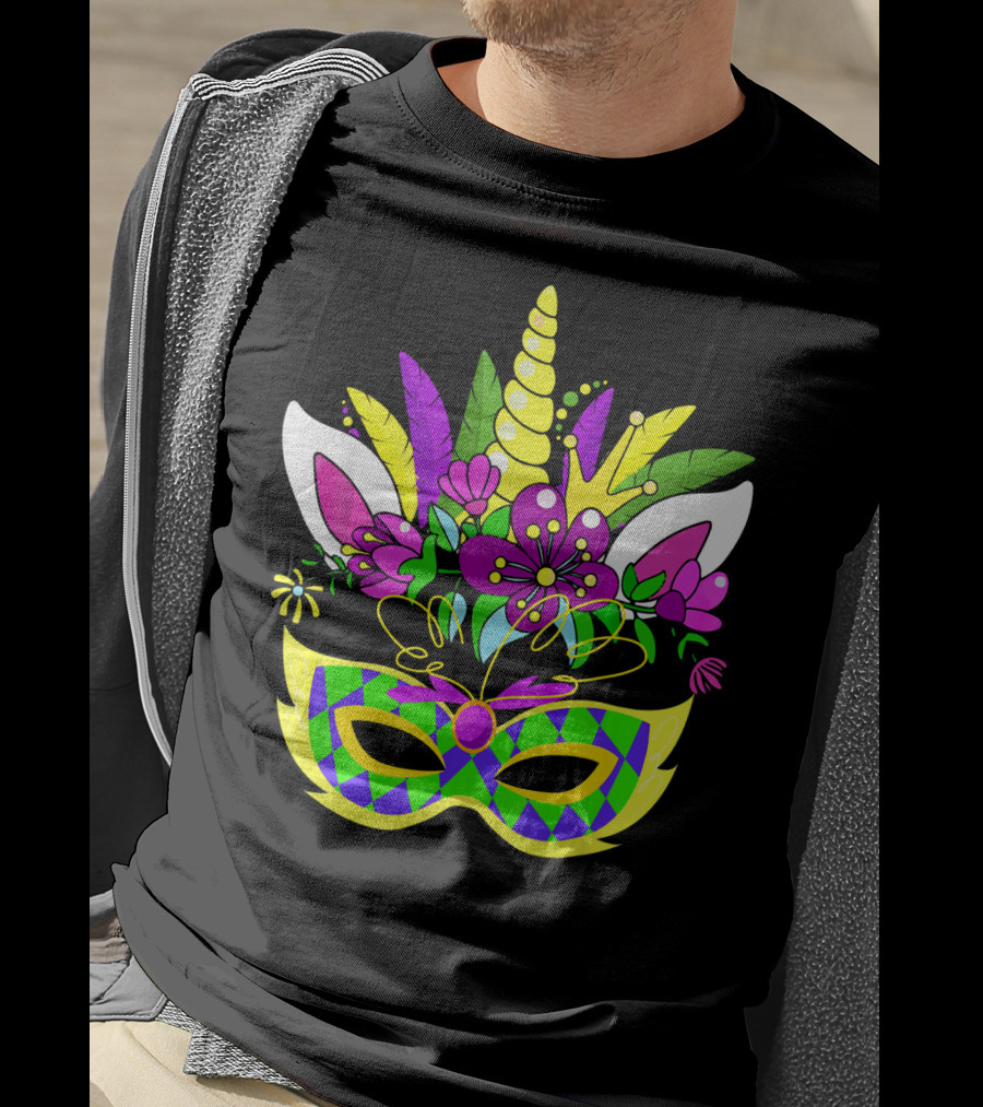Mardi Gras Unicorn Mask Flowered Headdress T-Shirt