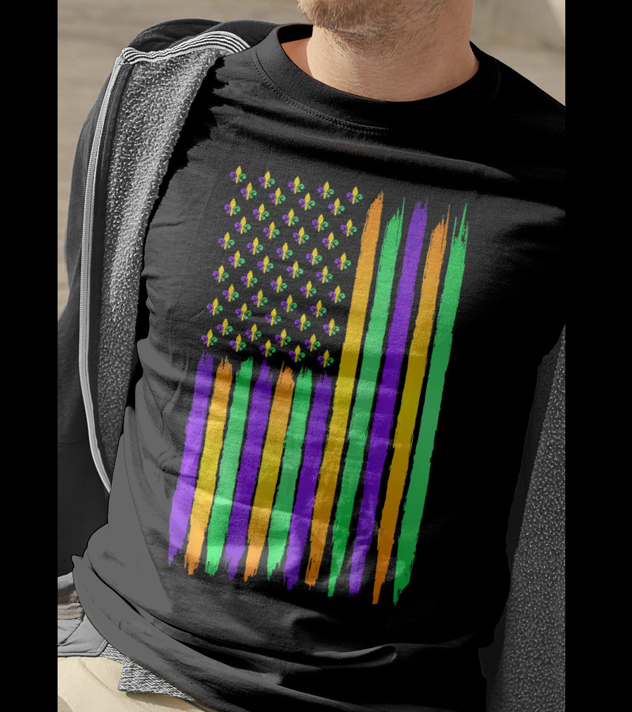 American Flag Fleur De Lis USA Flag Mardi Gras Colors T-Shirt