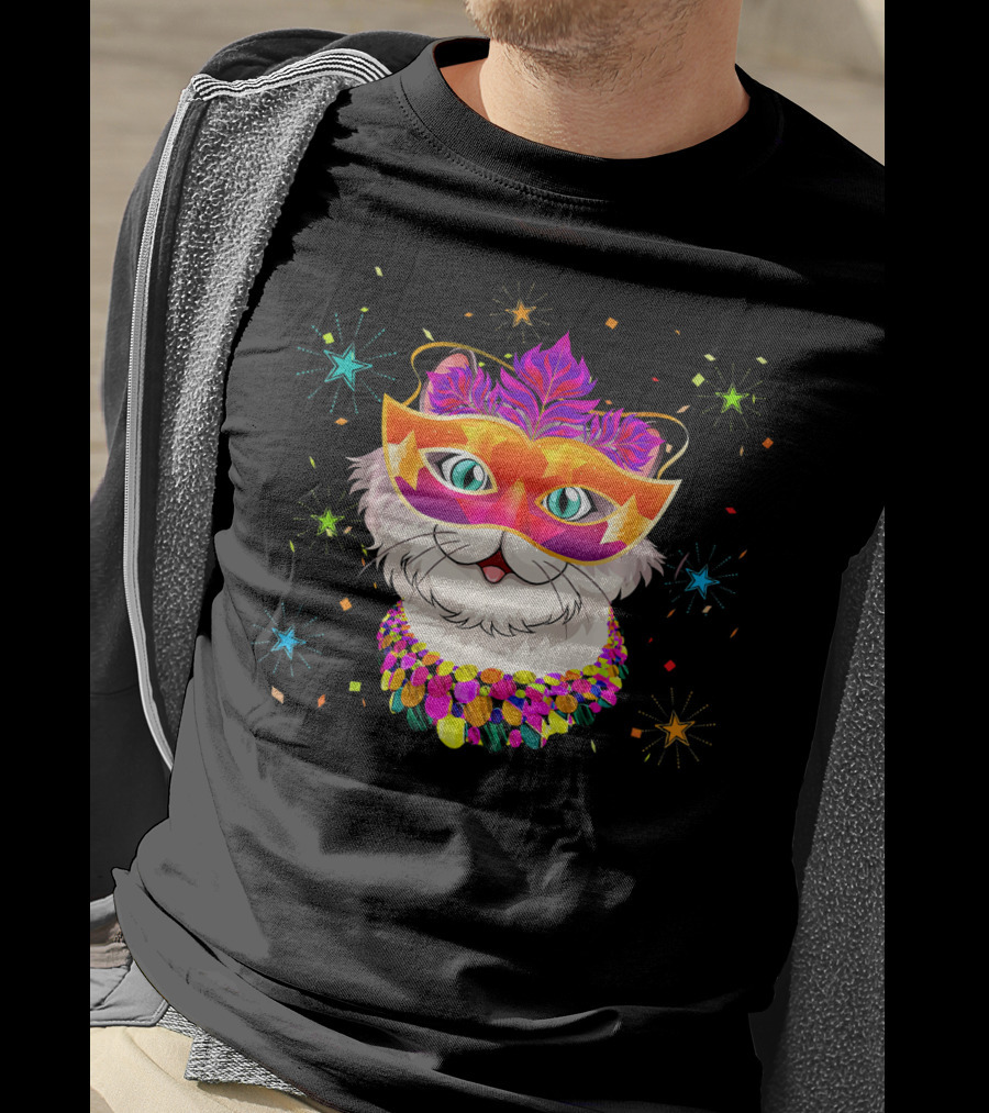 Mardi Gras Cat With Festive Mask And Beads For Cat Lovers T-Shirt