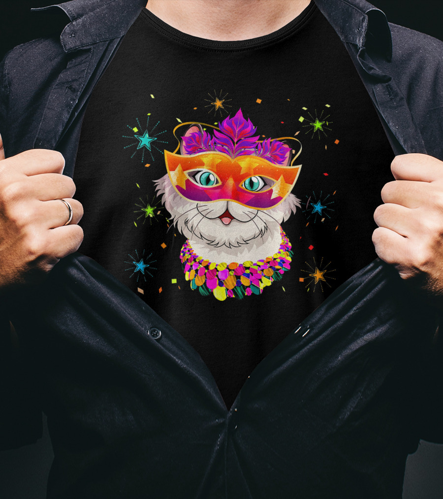 Mardi Gras Cat With Festive Mask And Beads For Cat Lovers T-Shirt
