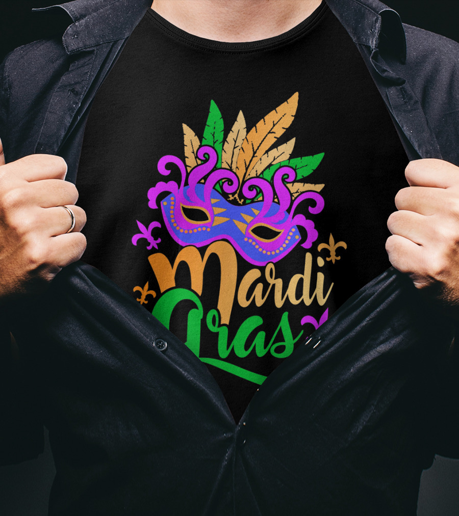 Mardi Gras Mask With Feathers And Fleur-de-Lis T-Shirt
