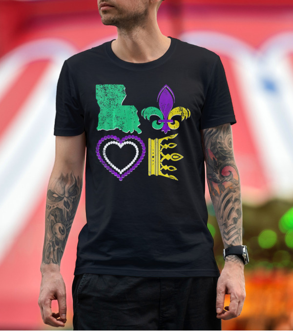 Premium T-Shirt: Louisiana Love Mardi Gras Fleur-de-Lis Beads Crown T-Shirt Louisiana Love Mardi Gras Fleur-de-Lis Beads Crown T-Shirt