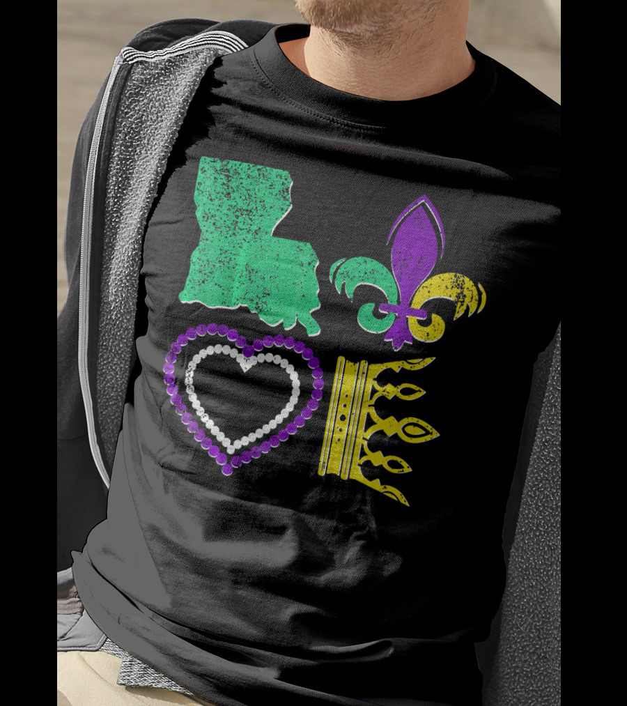 Louisiana Love Mardi Gras Fleur-de-Lis Beads Crown T-Shirt