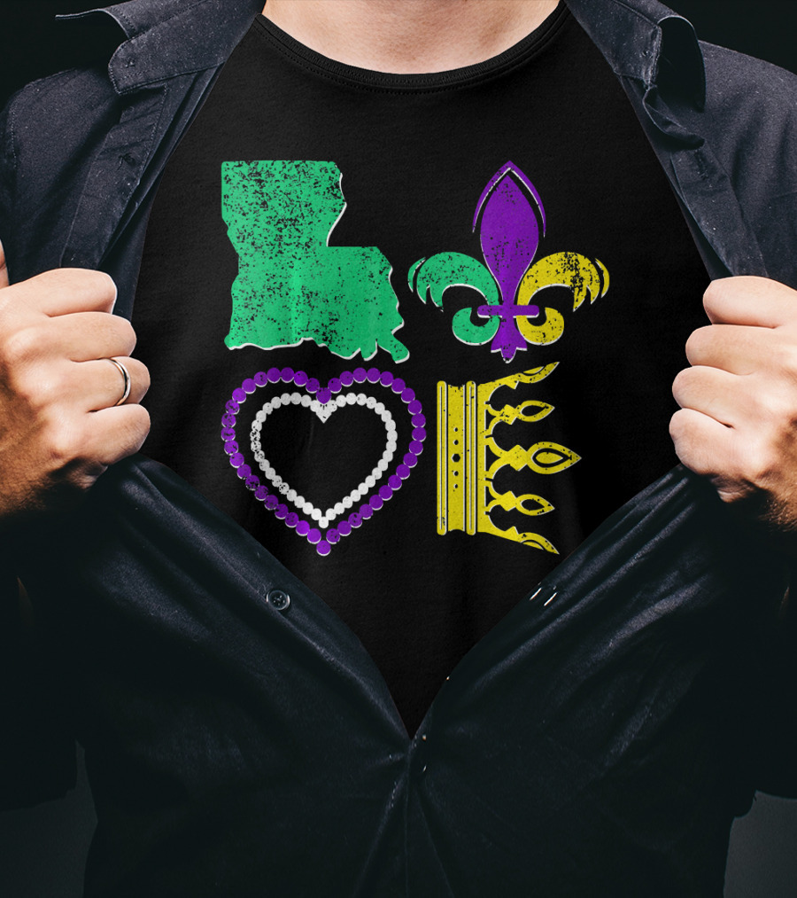 Louisiana Love Mardi Gras Fleur-de-Lis Beads Crown T-Shirt