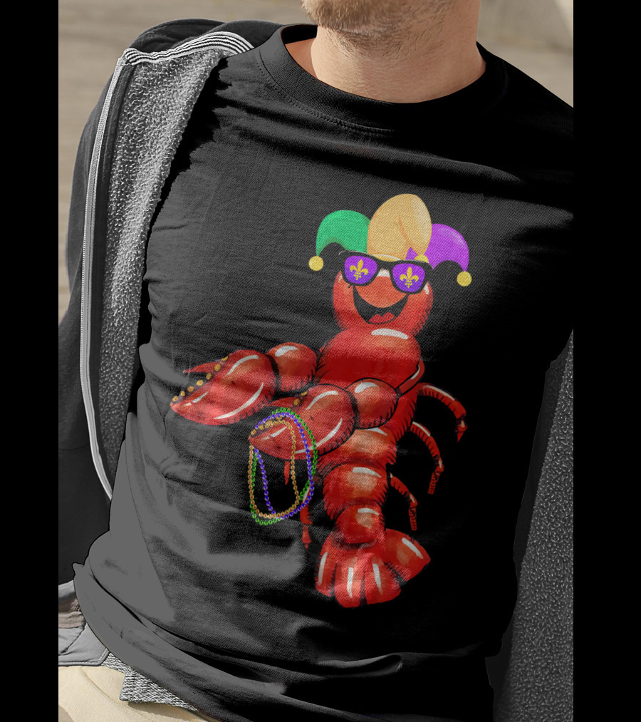 Flossing Mardi Gras Bead Jester Hat Crawfish With Sunglasses T-Shirt