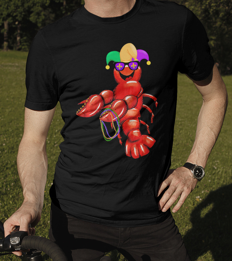 Flossing Mardi Gras Bead Jester Hat Crawfish With Sunglasses T-Shirt