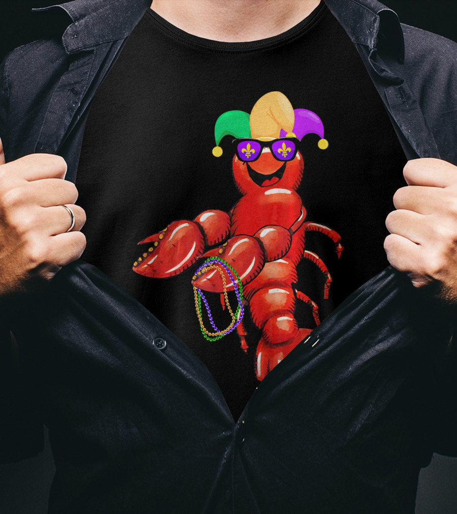 Flossing Mardi Gras Bead Jester Hat Crawfish With Sunglasses T-Shirt