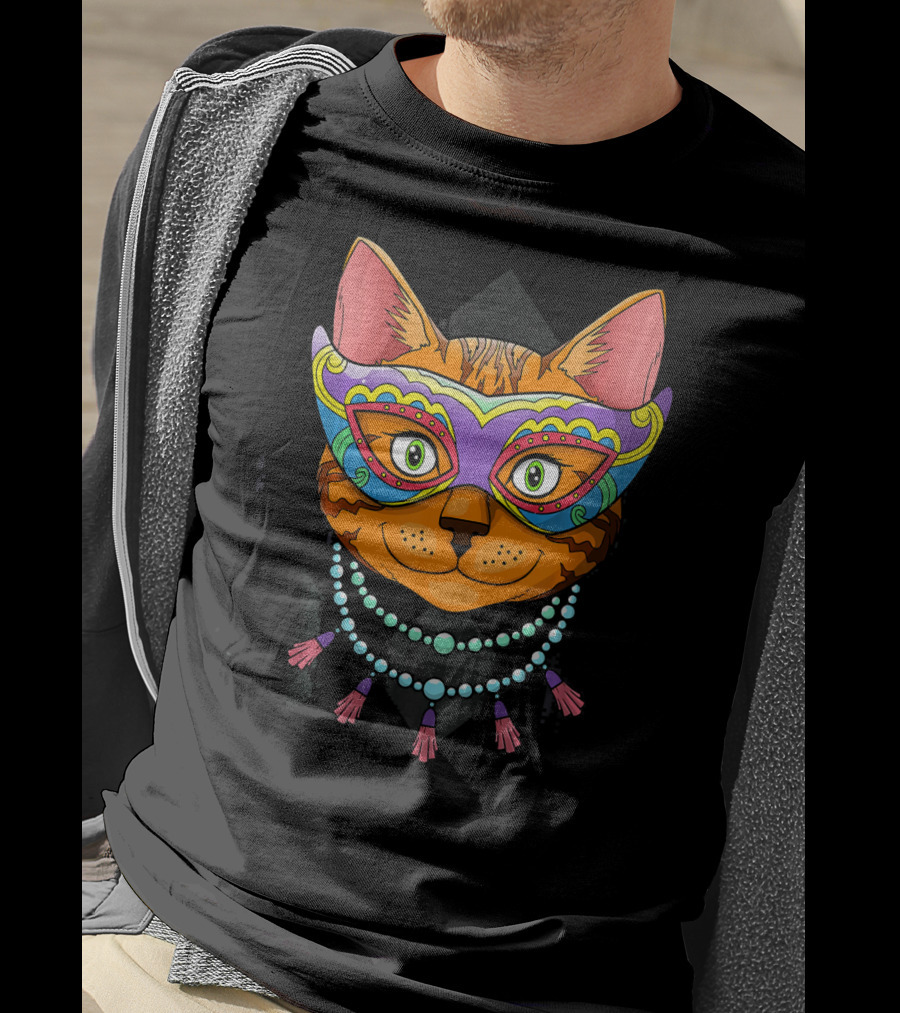 Mardi Gras Cat Mask With Beads And Feathers T-Shirt