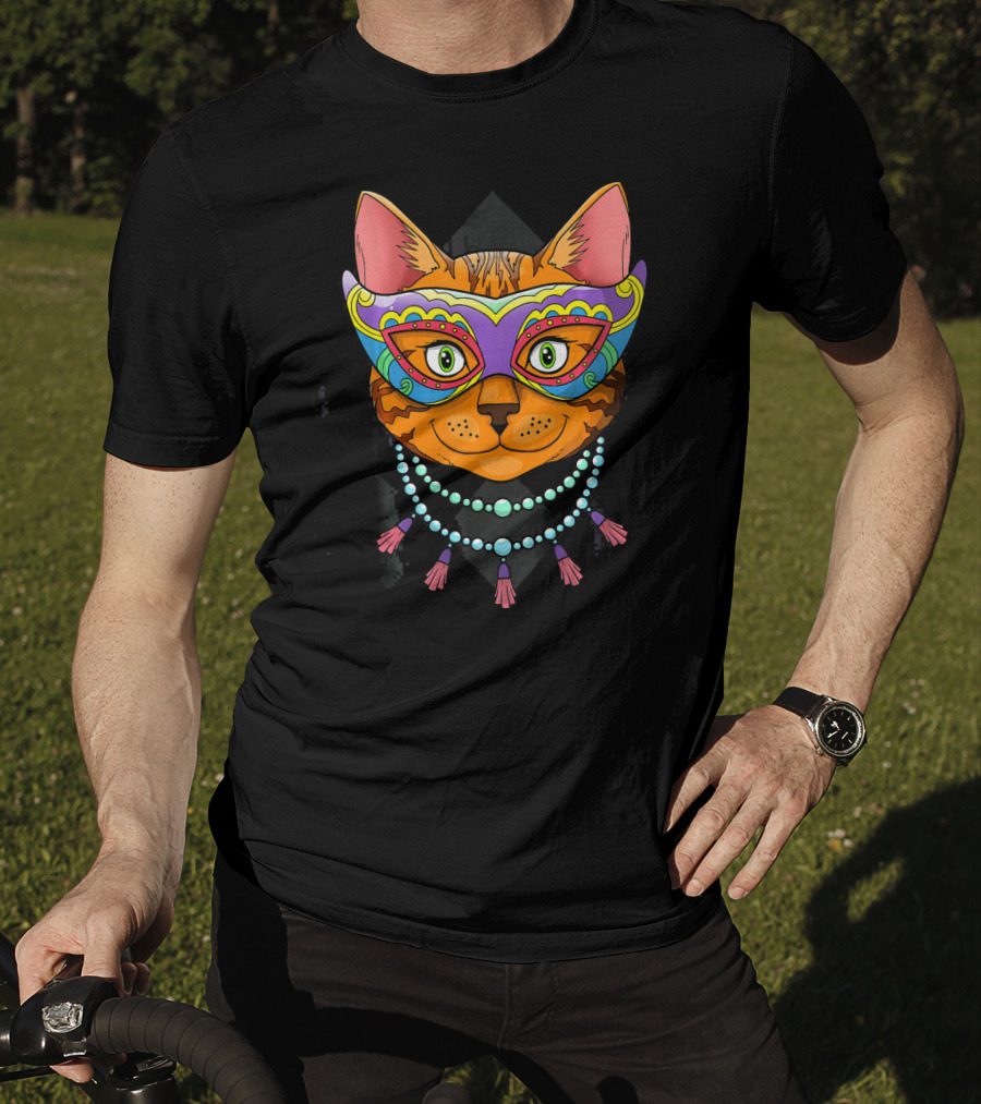 Mardi Gras Cat Mask With Beads And Feathers T-Shirt
