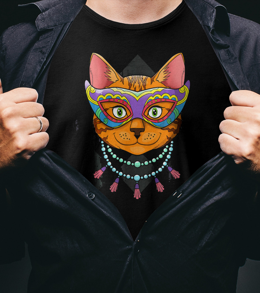 Mardi Gras Cat Mask With Beads And Feathers T-Shirt