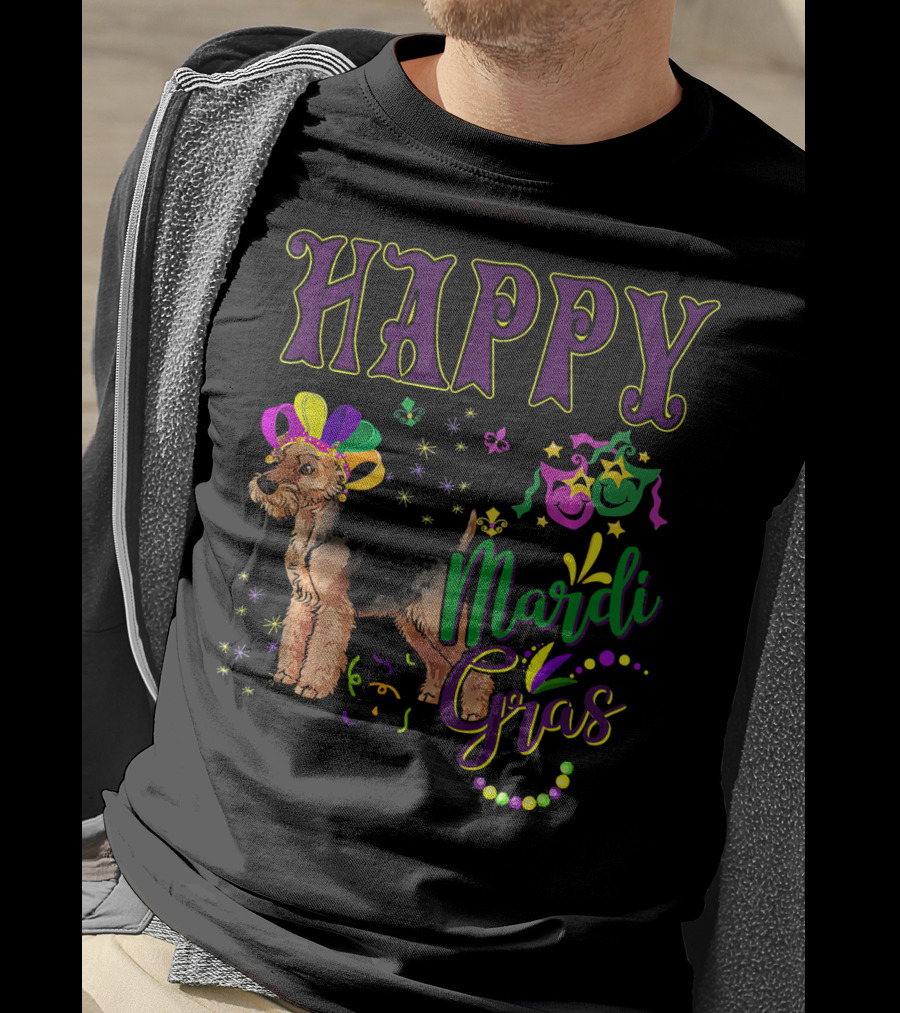 Happy Mardi Gras Welsh Terrier Masquerade Beads And Stars T-Shirt