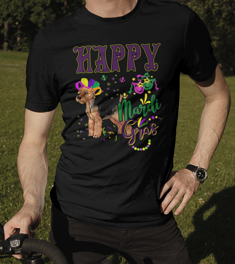 Happy Mardi Gras Welsh Terrier Masquerade Beads And Stars T-Shirt