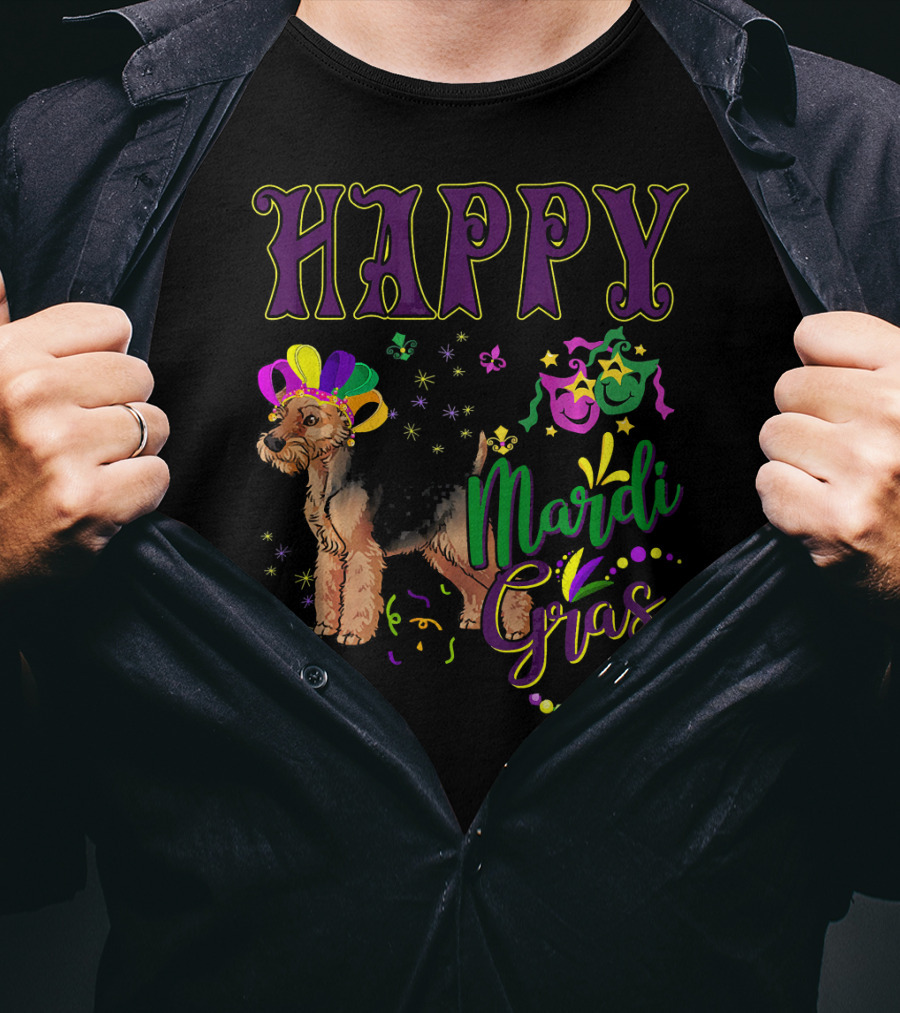 Happy Mardi Gras Welsh Terrier Masquerade Beads And Stars T-Shirt