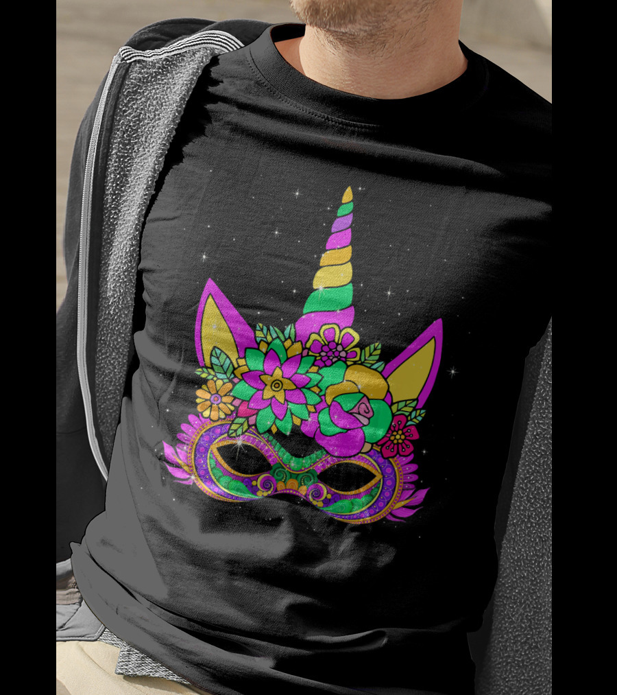 Mardi Gras Unicorn Floral Mask With Colorful Decorations T-Shirt