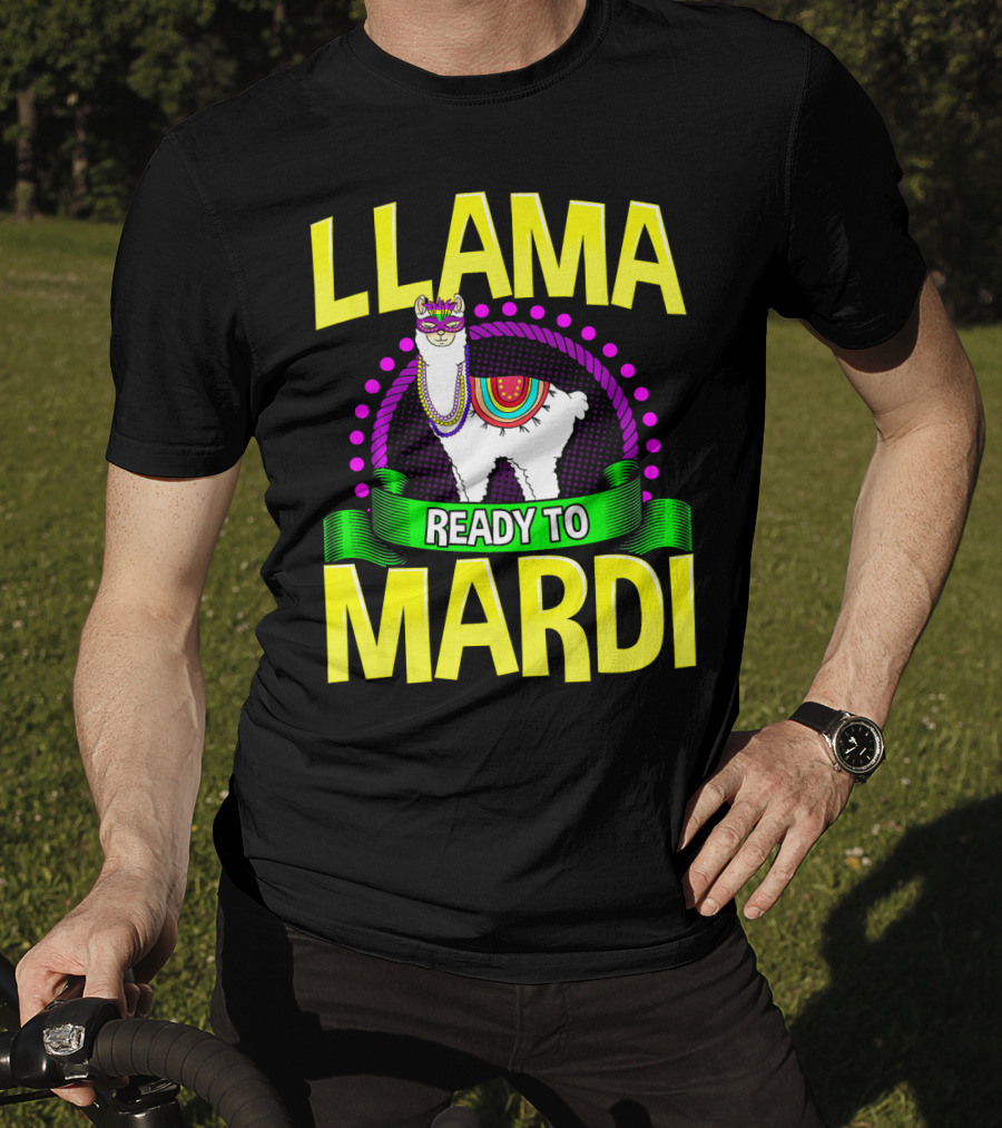 Llama Ready To Mardi Funny Llama Lover Festive Mask Beads Parade T-Shirt