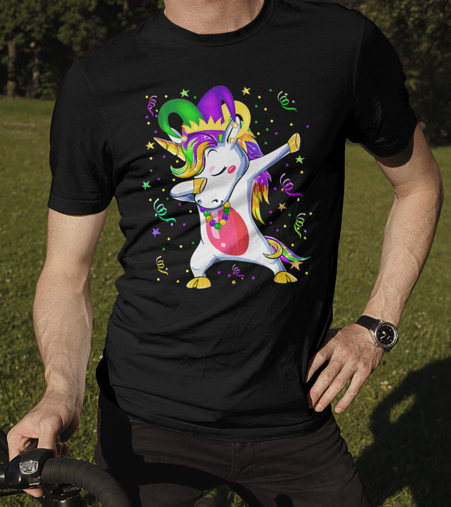 Mardi Gras Unicorn Dabbing Celebration With Beads And Jester Hat T-Shirt