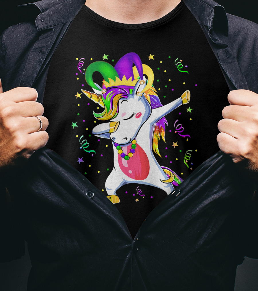 Mardi Gras Unicorn Dabbing Celebration With Beads And Jester Hat T-Shirt