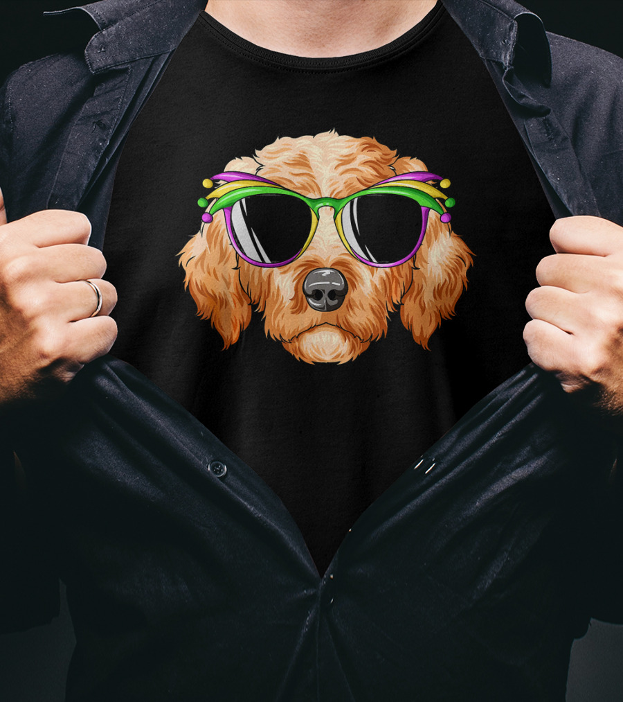 Goldendoodle Mardi Gras Carnival Mask Sunglasses T-Shirt