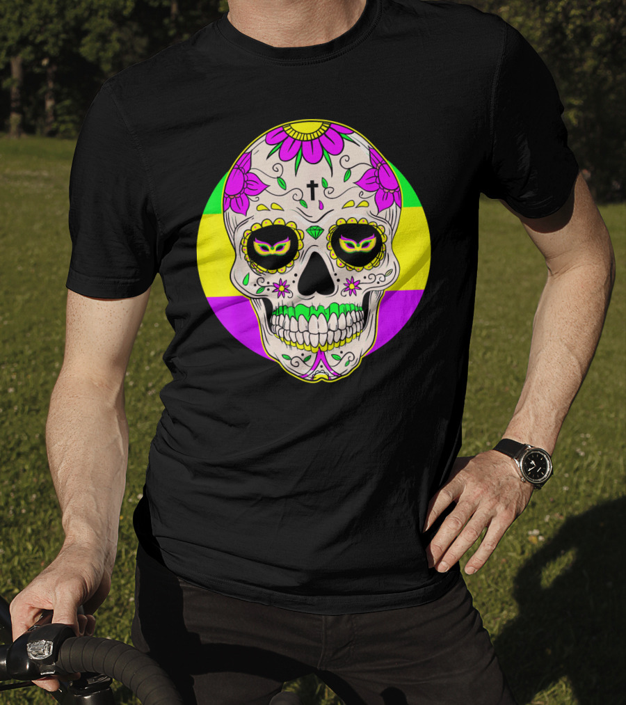Mardi Gras Sugar Skull With Jester Hat And Mask Elements T-Shirt