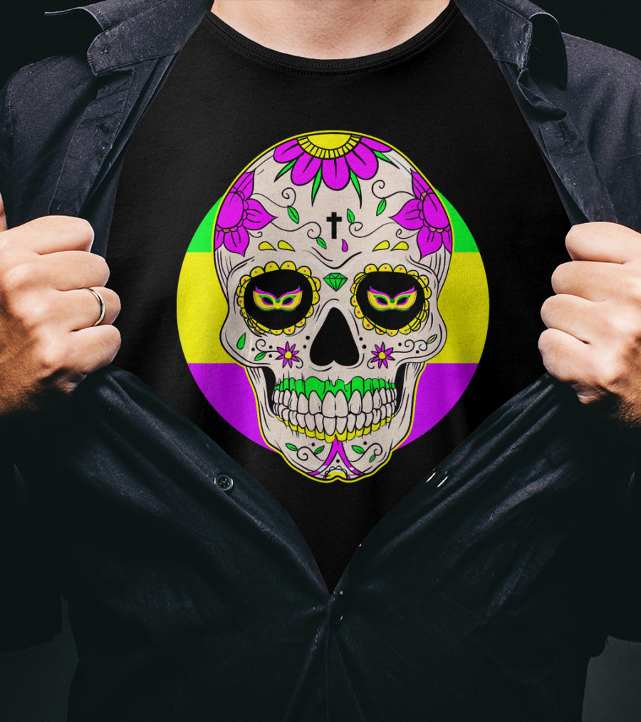 Mardi Gras Sugar Skull With Jester Hat And Mask Elements T-Shirt