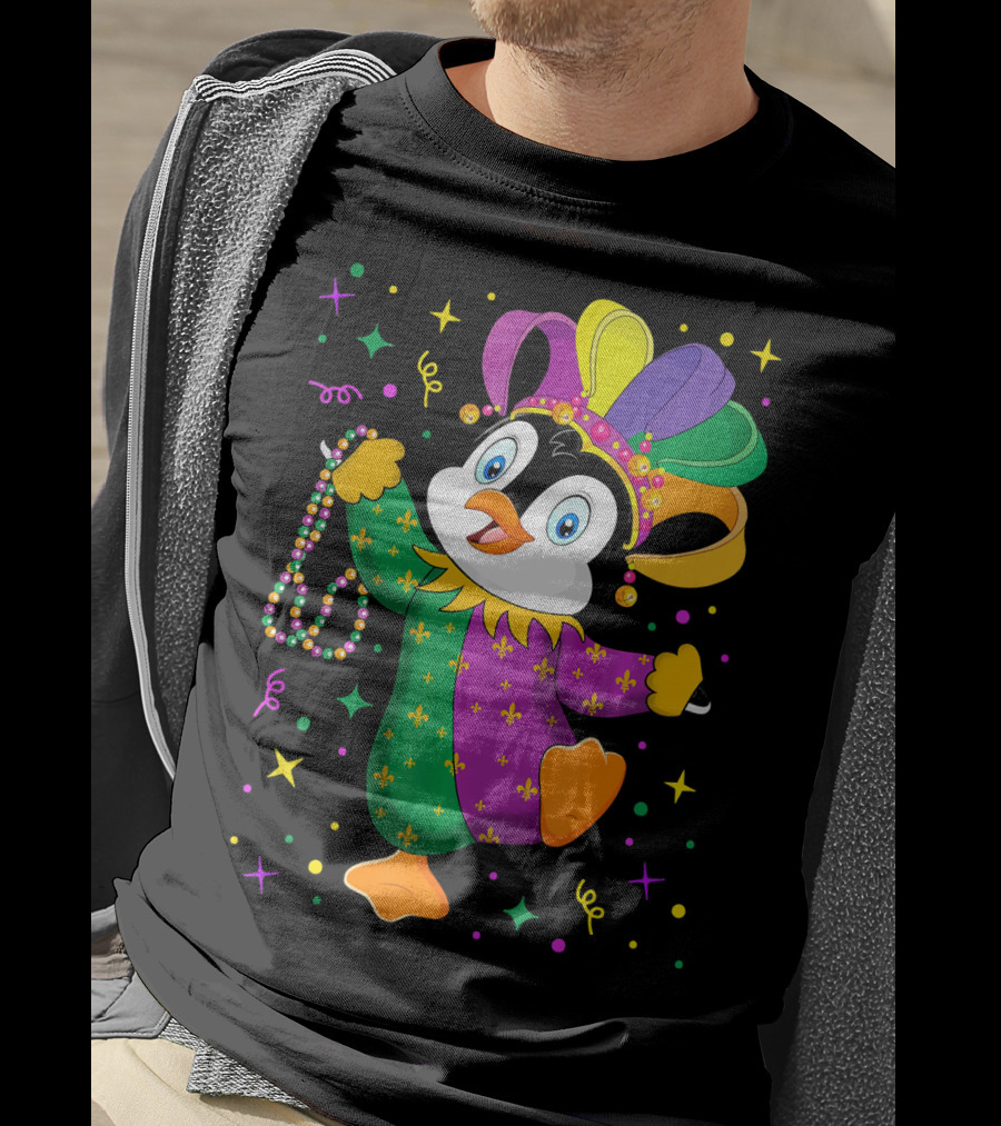 Cute Penguin Jester With Mardi Gras Colors And Beads T-Shirt