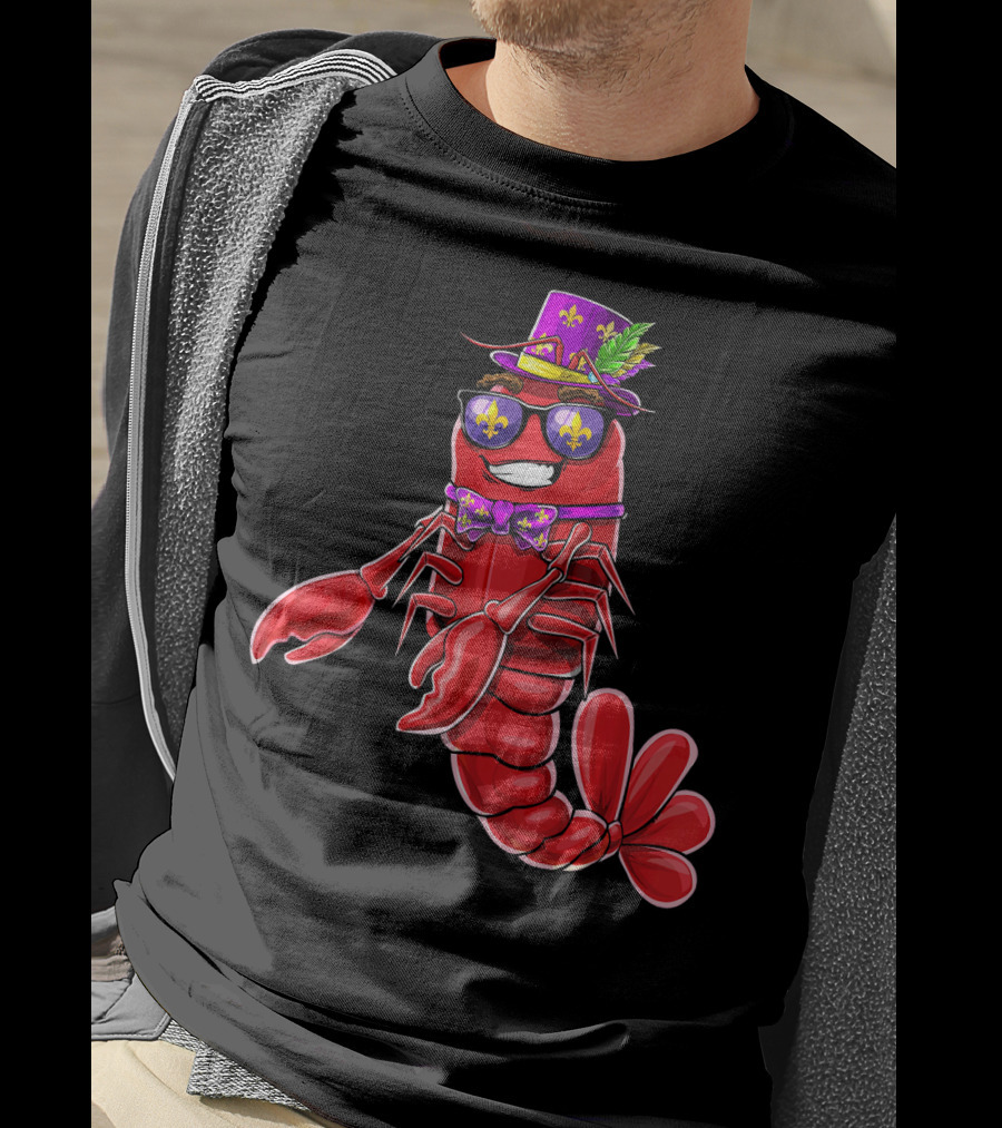 Flossing Crawfish In Mardi Gras Jester Hat With Beads And Fleur-de-lis Glasses T-Shirt