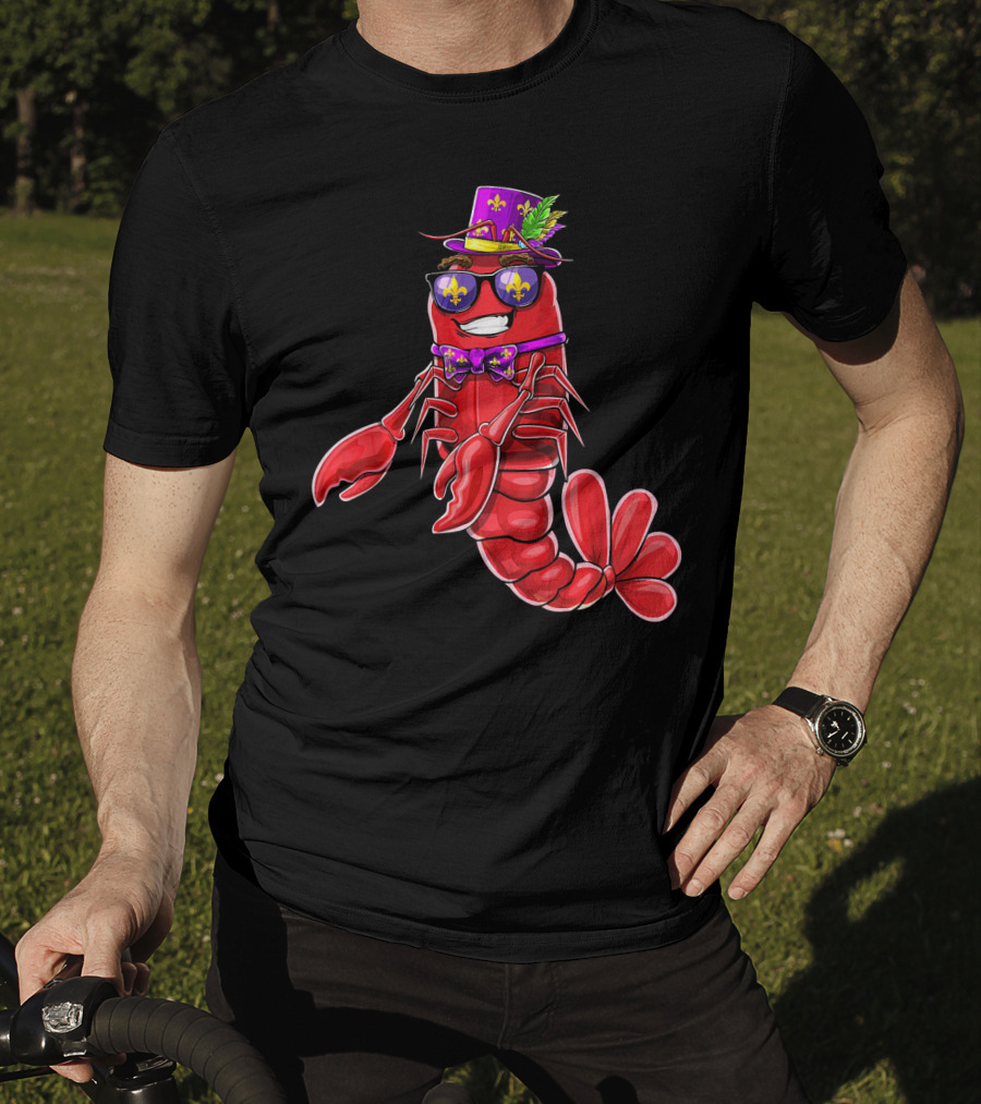 Flossing Crawfish In Mardi Gras Jester Hat With Beads And Fleur-de-lis Glasses T-Shirt