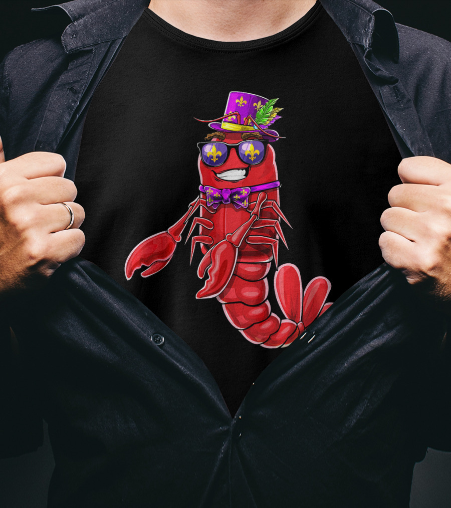 Flossing Crawfish In Mardi Gras Jester Hat With Beads And Fleur-de-lis Glasses T-Shirt