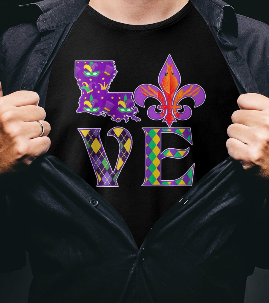 Louisiana Mardi Gras Love Fleur DE Lis Crawfish T-Shirt
