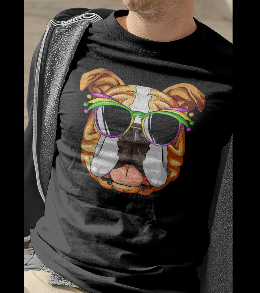 English Bulldog Wearing Colorful Mardi Gras Carnival Mask Glasses T-Shirt