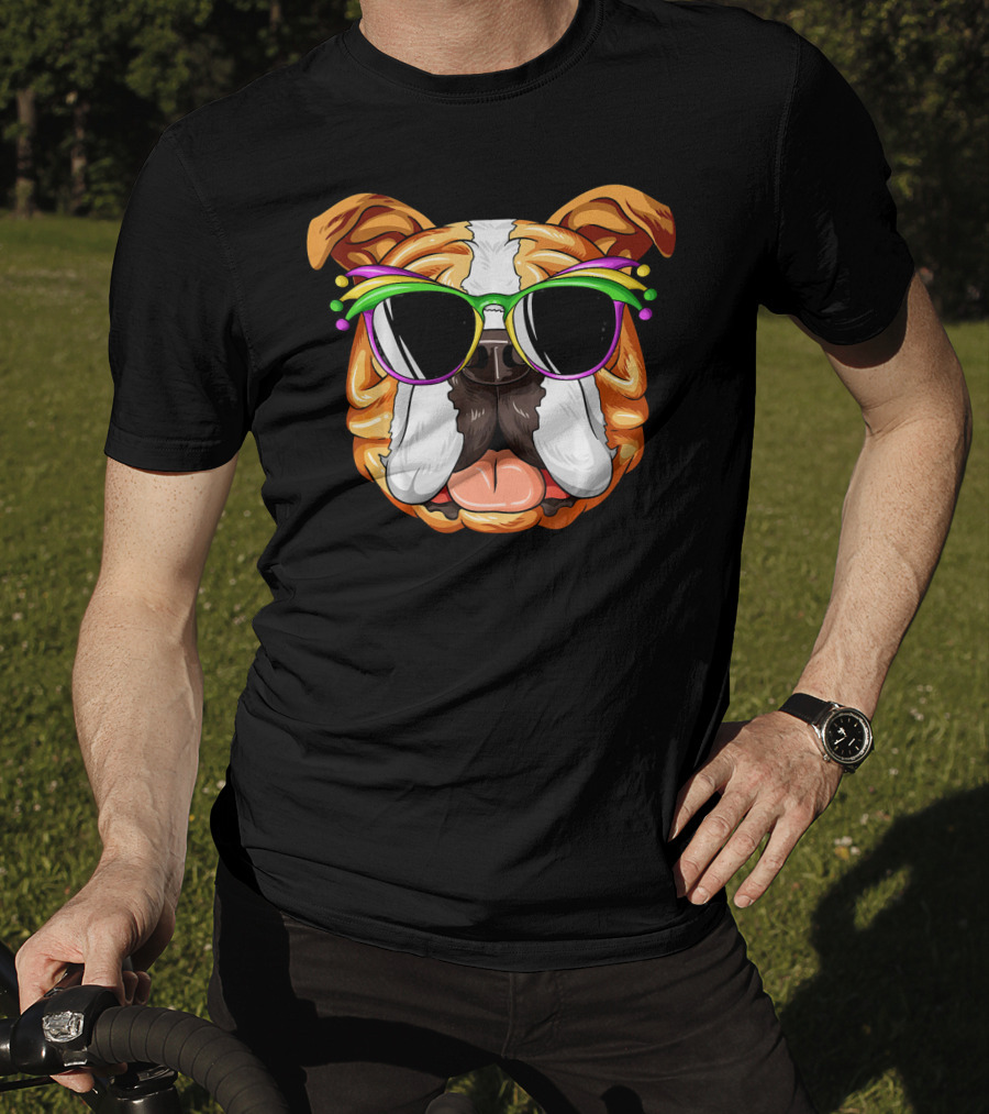 English Bulldog Wearing Colorful Mardi Gras Carnival Mask Glasses T-Shirt