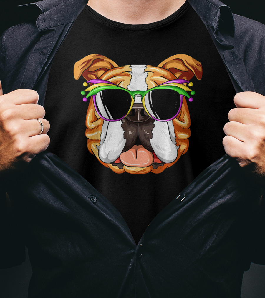 English Bulldog Wearing Colorful Mardi Gras Carnival Mask Glasses T-Shirt