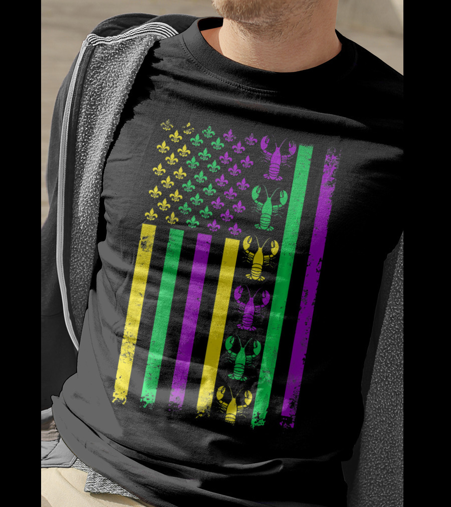 American Flag Mardi Gras Crawfish Fleur-de-Lis T-Shirt