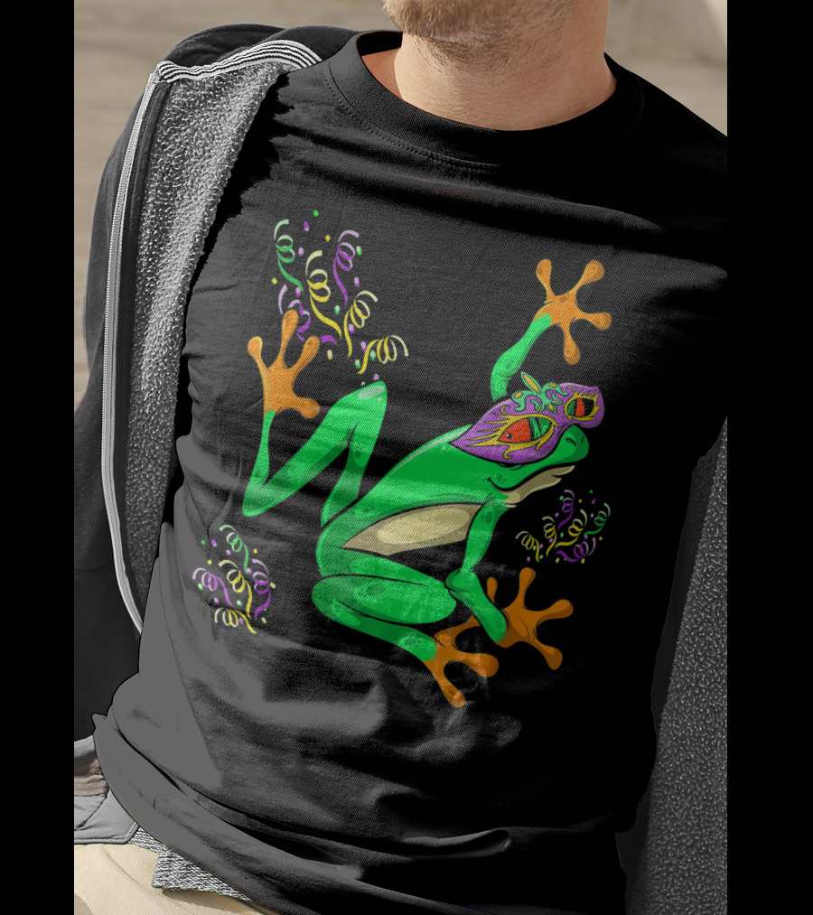 Frog In Mardi Gras Mask With Party Streamers T-Shirt