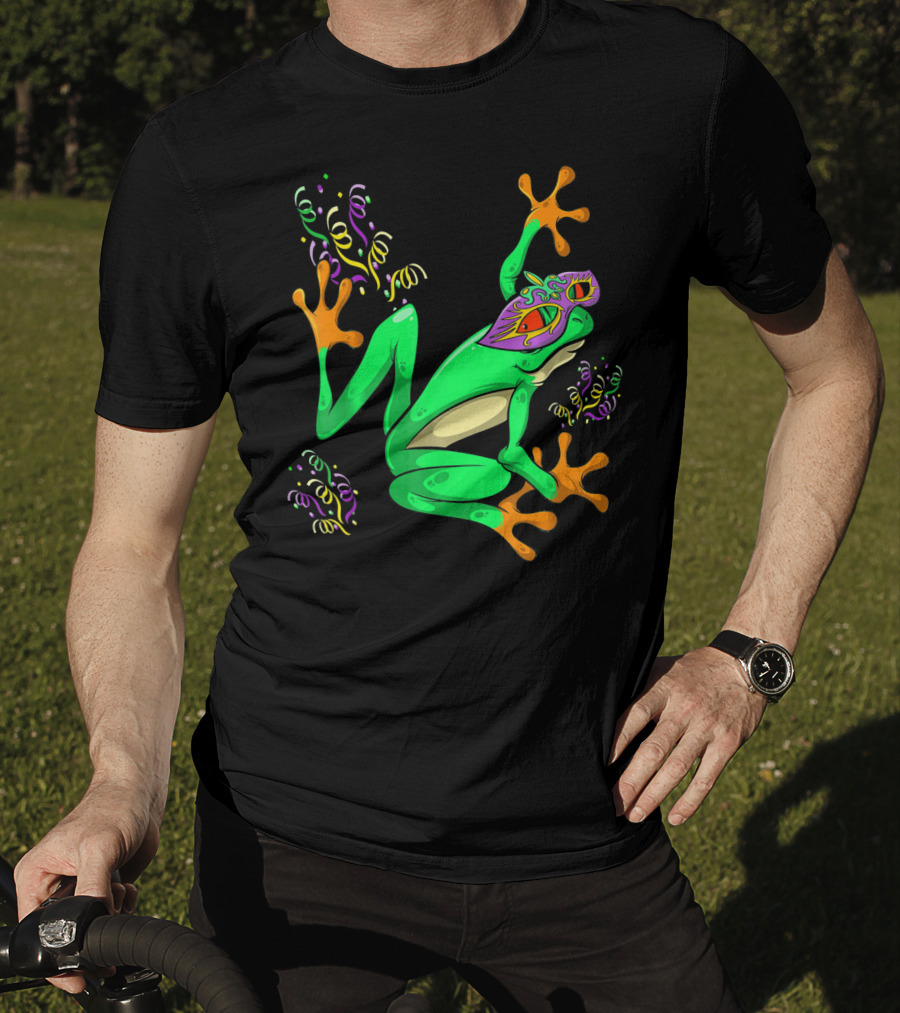 Frog In Mardi Gras Mask With Party Streamers T-Shirt