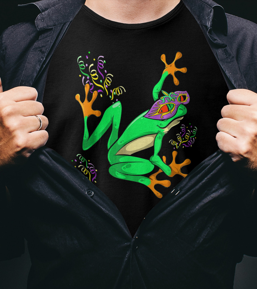 Frog In Mardi Gras Mask With Party Streamers T-Shirt