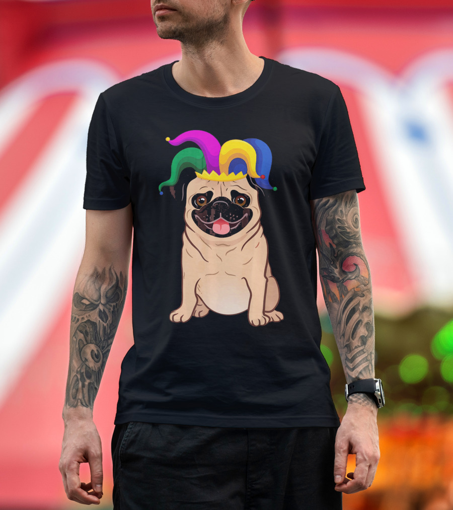 Pug Dog Wearing Colorful Jester Hat for Mardi Gras T-Shirt