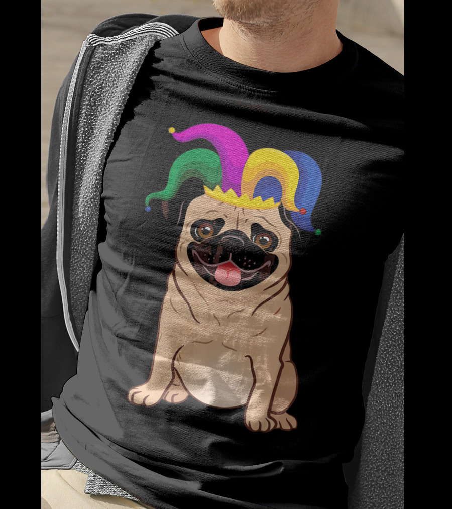 Pug Dog Wearing Colorful Jester Hat For Mardi Gras T-Shirt