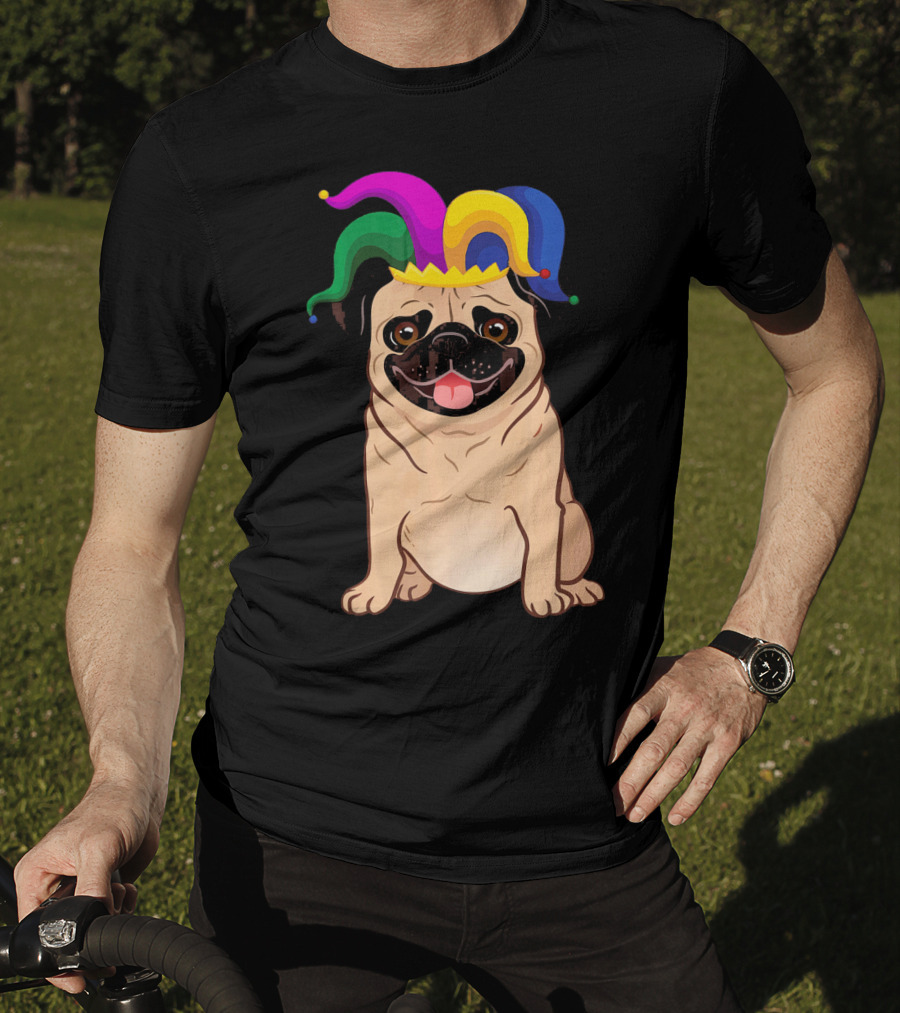 Pug Dog Wearing Colorful Jester Hat For Mardi Gras T-Shirt
