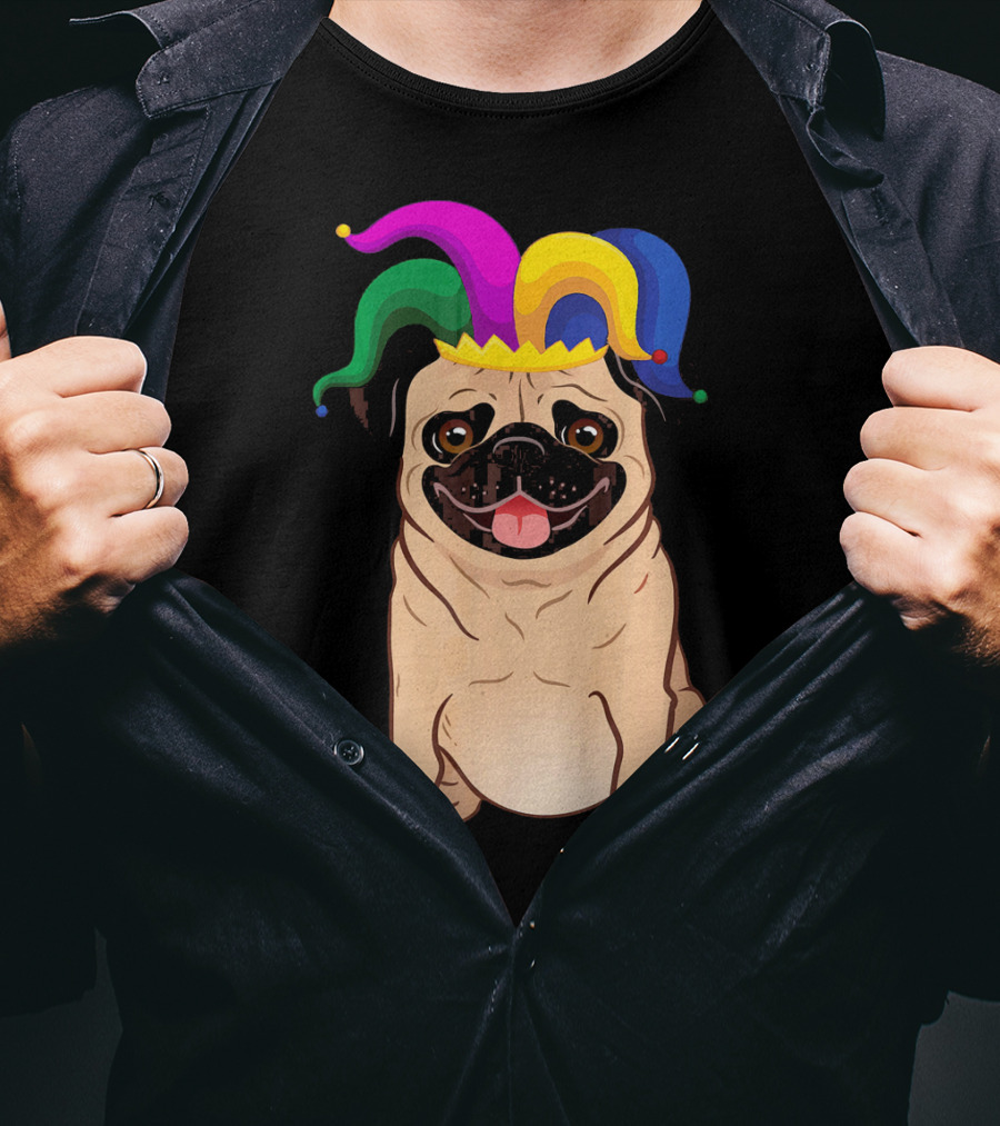 Pug Dog Wearing Colorful Jester Hat For Mardi Gras T-Shirt