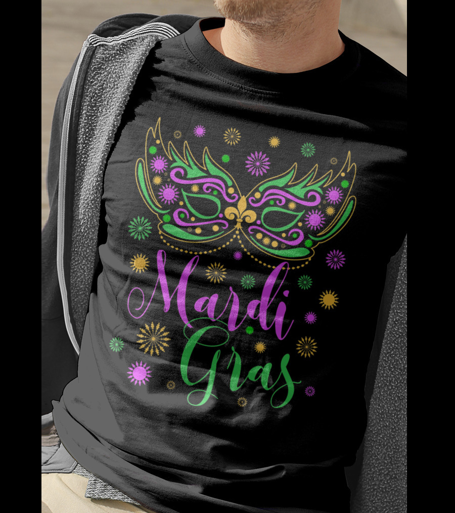 Mardi Gras Feathered Mask Colorful Celebration Text T-Shirt