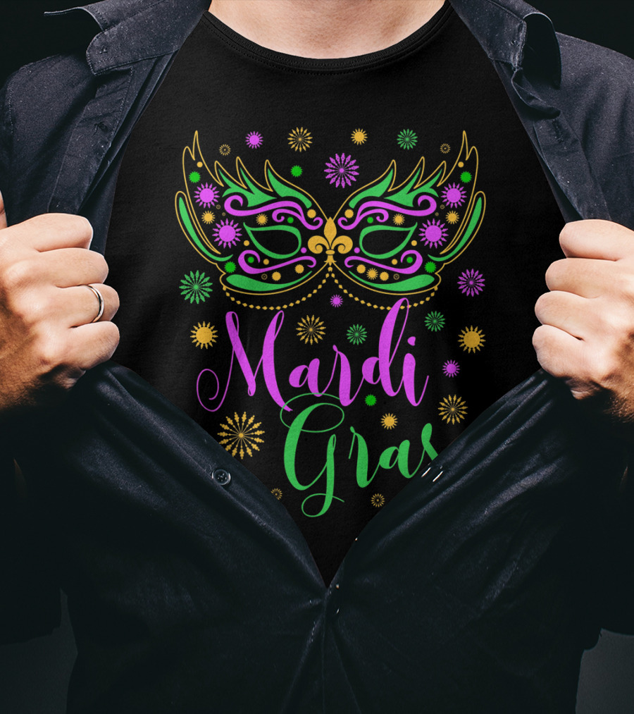 Mardi Gras Feathered Mask Colorful Celebration Text T-Shirt
